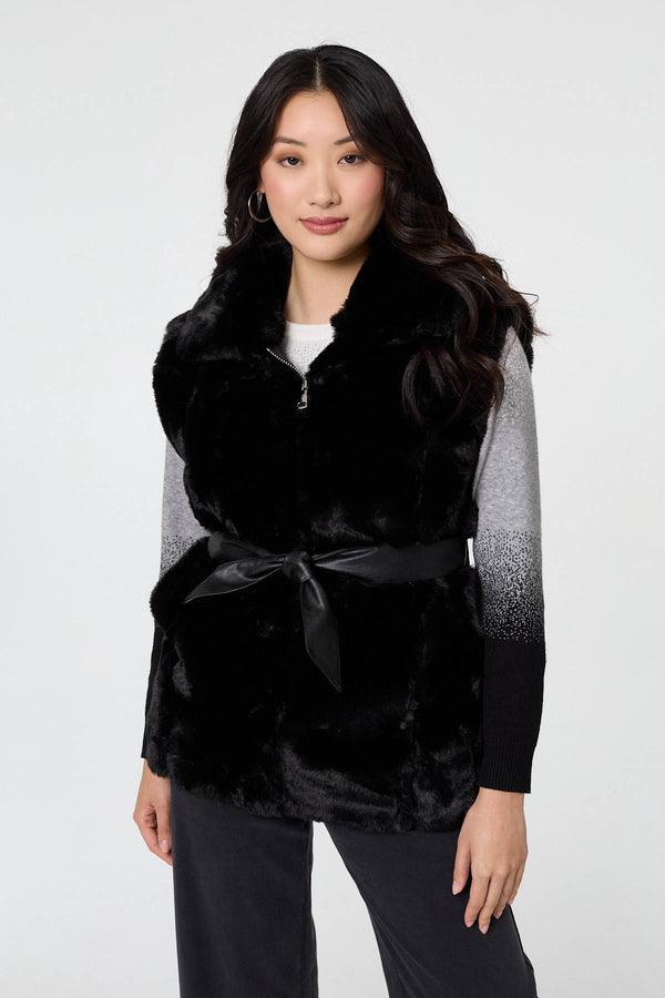 Black | Faux Fur Sleeveless Tie Waist Gilet
