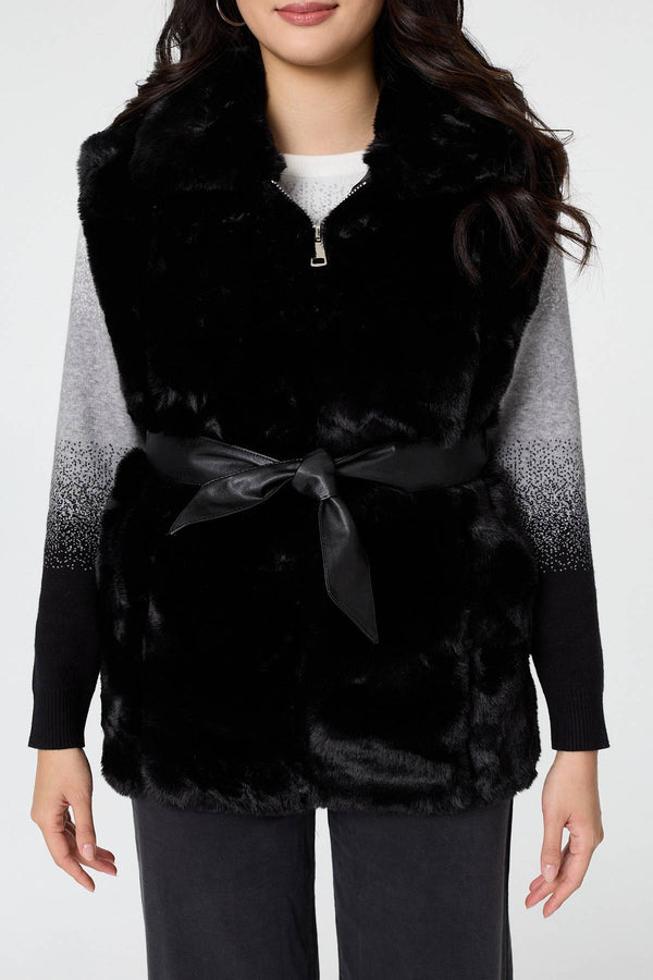 Black | Faux Fur Sleeveless Tie Waist Gilet
