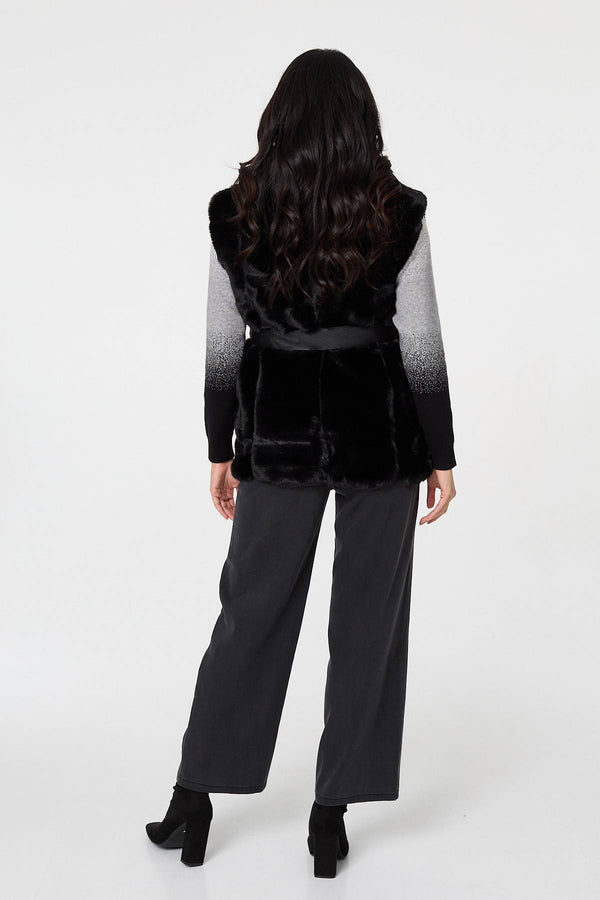 Black | Faux Fur Sleeveless Tie Waist Gilet
