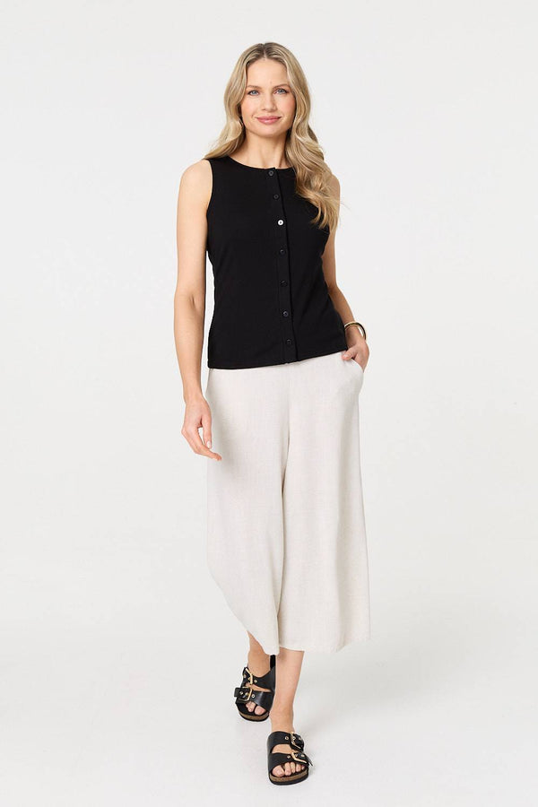 Black | Sleeveless Button Front Slim Vest Top
