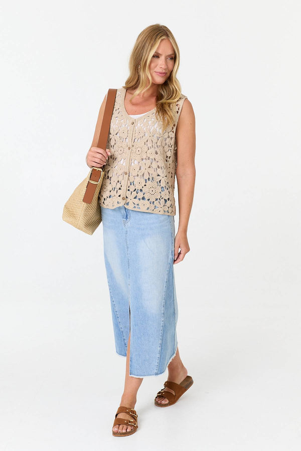 Beige | Crochet Texture Sleeveless Vest Top