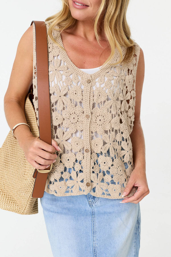 Beige | Crochet Texture Sleeveless Vest Top