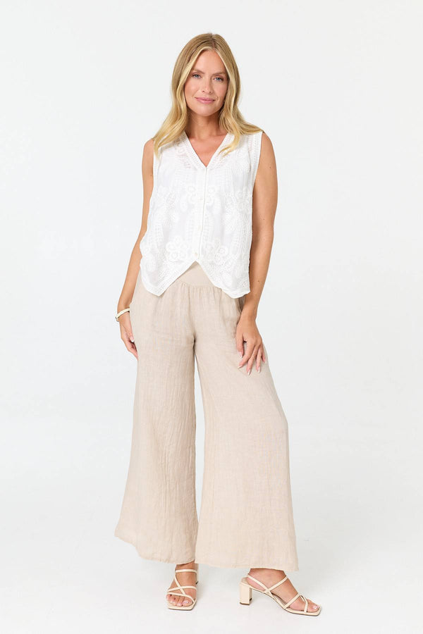 White | Embroidered Sleeveless Waistcoat Top