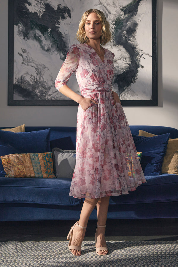 Red | Floral Wrap Front Tea Dress : Model is 5'9 and wears size UK8/EU36/US4/AUS8