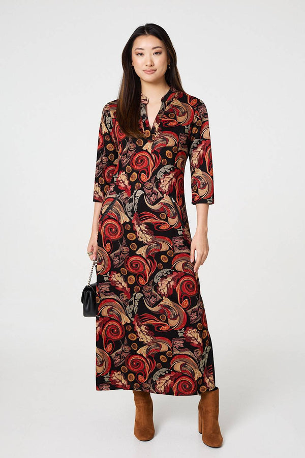 Red | Abstract 3/4 Sleeve Maxi Shift Dress
