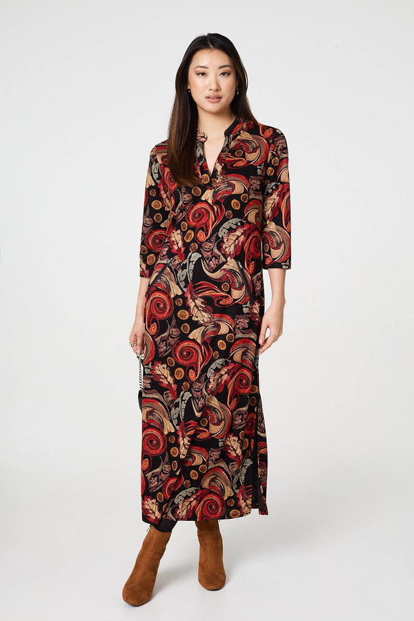 Red | Abstract 3/4 Sleeve Maxi Shift Dress
