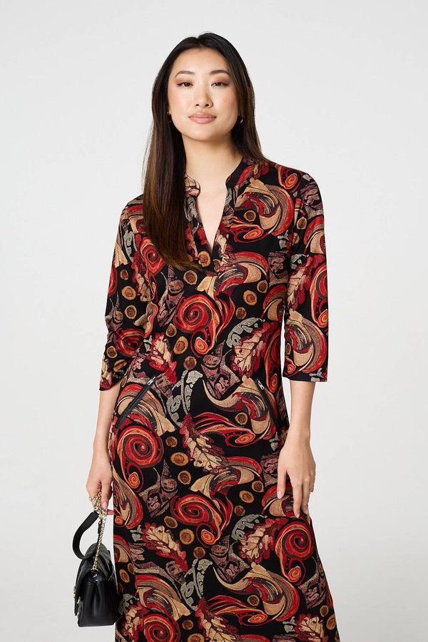 Red | Abstract 3/4 Sleeve Maxi Shift Dress
