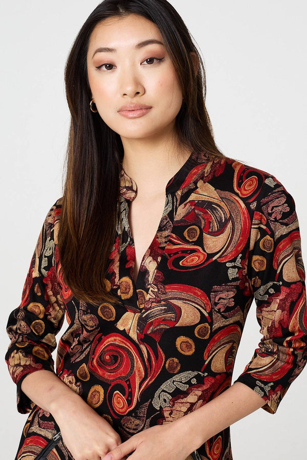 Red | Abstract 3/4 Sleeve Maxi Shift Dress
