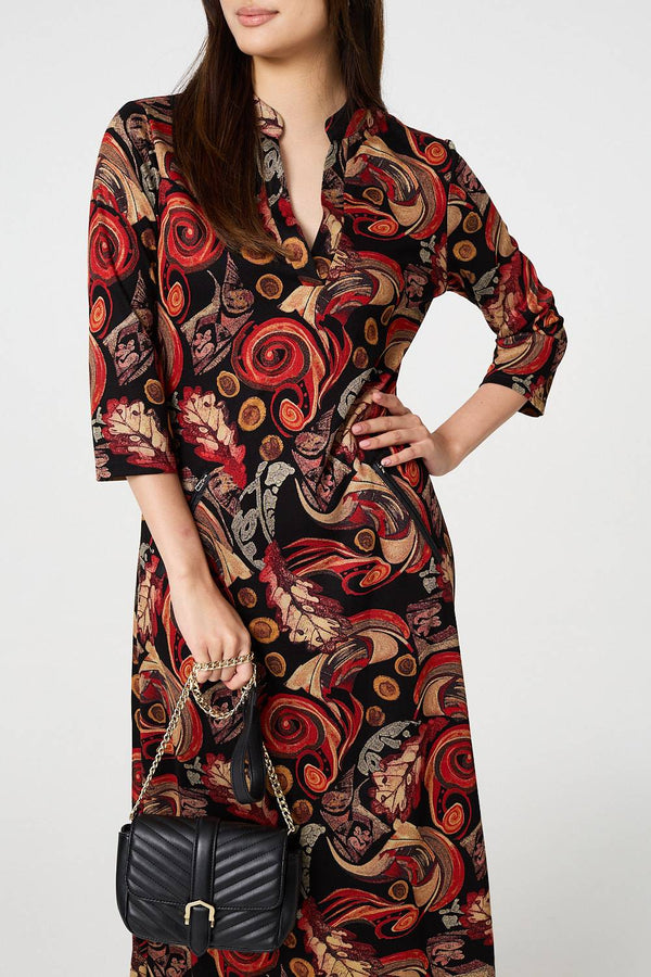 Red | Abstract 3/4 Sleeve Maxi Shift Dress
