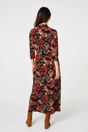 Red | Abstract 3/4 Sleeve Maxi Shift Dress
