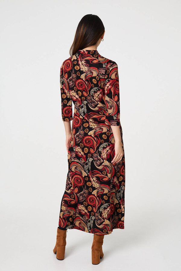 Red | Abstract 3/4 Sleeve Maxi Shift Dress
