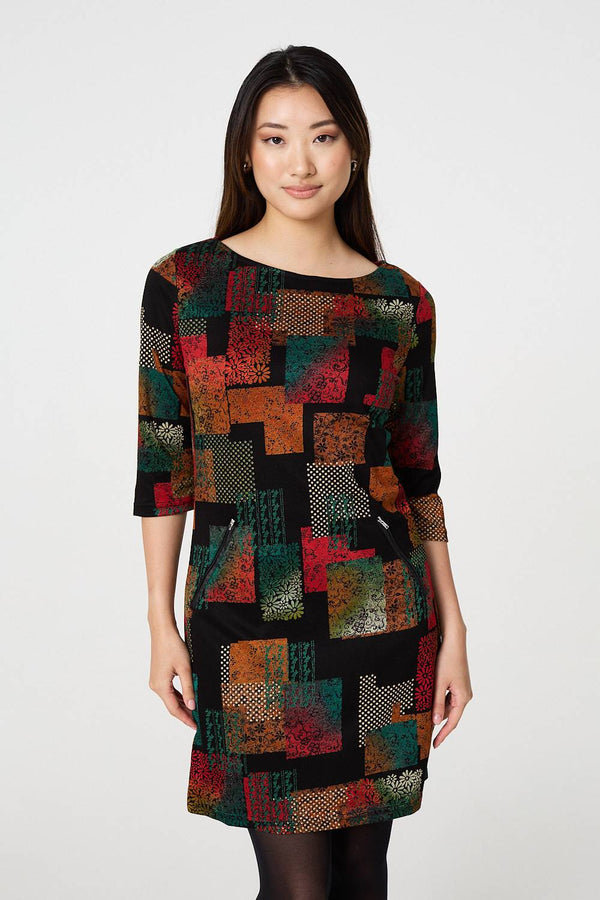 Black | Square Print Boat Neck Short Shift Dress
