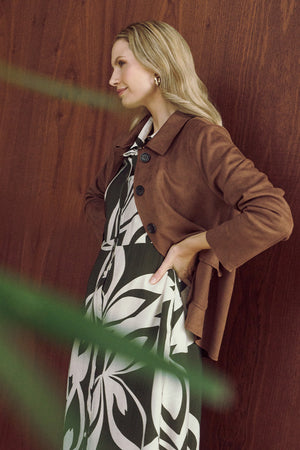 Brown | Faux Suede Button Front Shirt Jacket : Model is 5'10