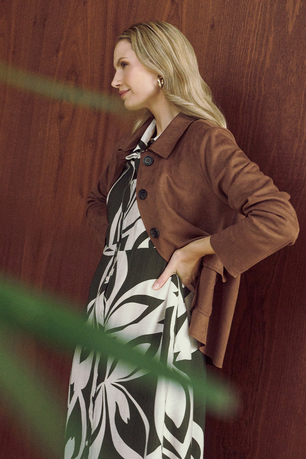 Brown | Faux Suede Button Front Shirt Jacket : Model is 5'10"/178 cm and wears UK10/EU38/US6/AUS10
