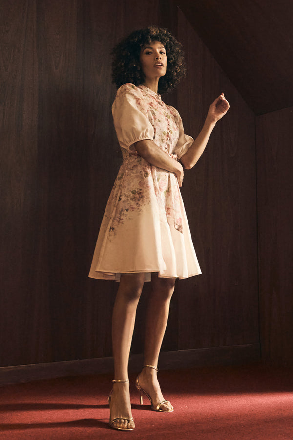 Cream | Floral 3/4 Puff Sleeve Knee Length Dress : Model is 5'8"/172 cm and wears UK8/EU36/US4/AUS8