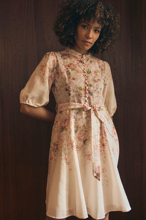 Cream | Floral Puff Sleeve Knee Length Dress : Model is 5'8