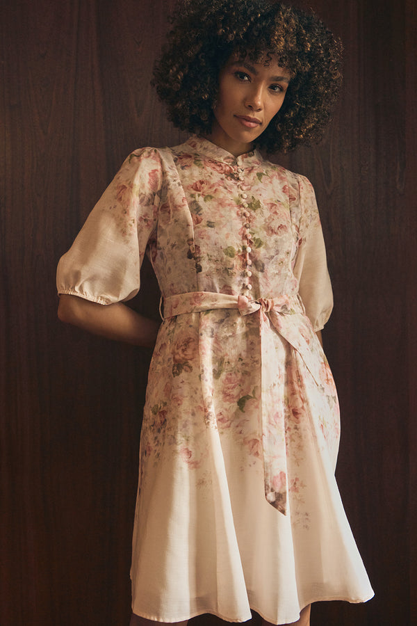 Cream | Floral 3/4 Puff Sleeve Knee Length Dress : Model is 5'8"/172 cm and wears UK8/EU36/US4/AUS8