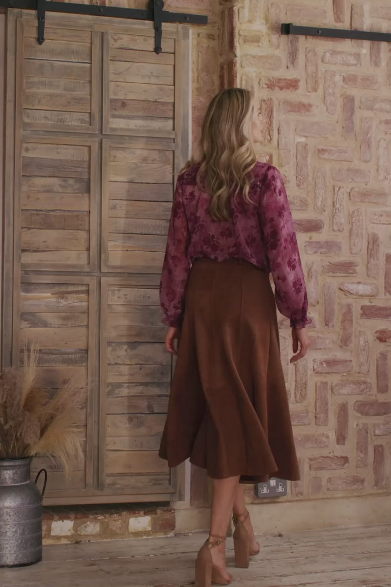 Brown | Belt Detail A-Line Midi Skirt