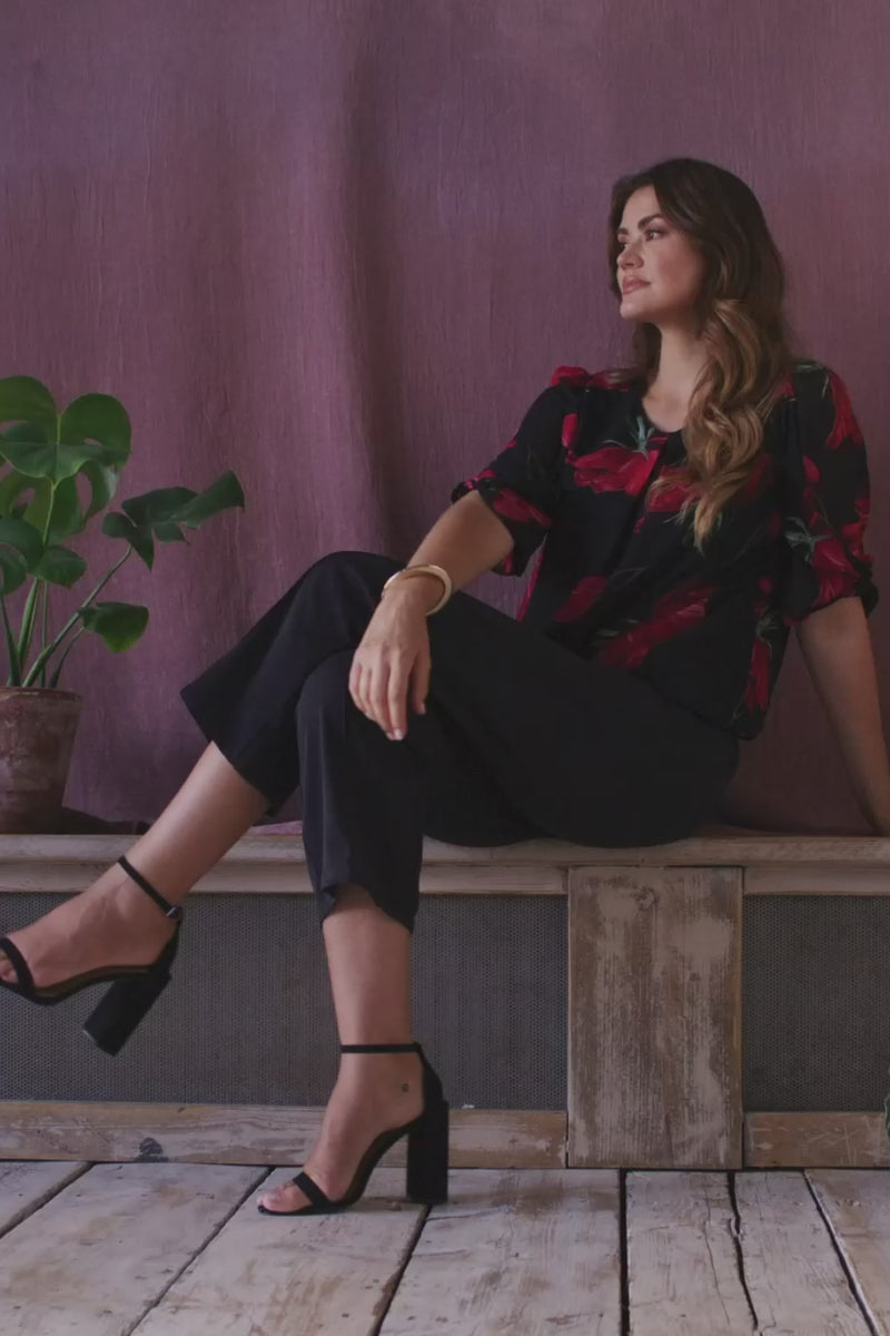 Red | Floral Semi Sheer Puff Sleeve Blouse