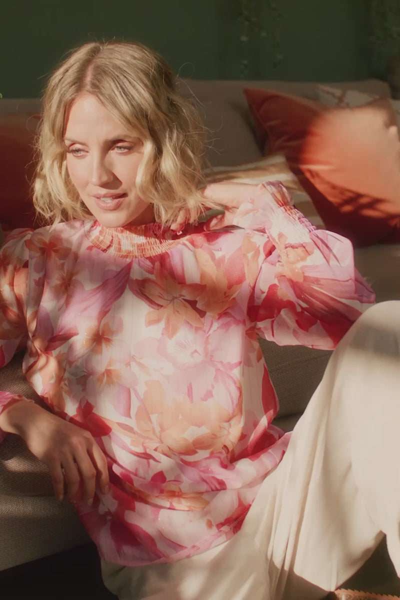 Pink | Floral Shirred High Neck Blouse