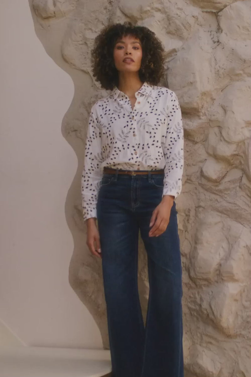 White | Embroidered Detail Long Sleeve Shirt : Model is 5'8"/172 cm and wears UK8/EU36/US4/AUS8