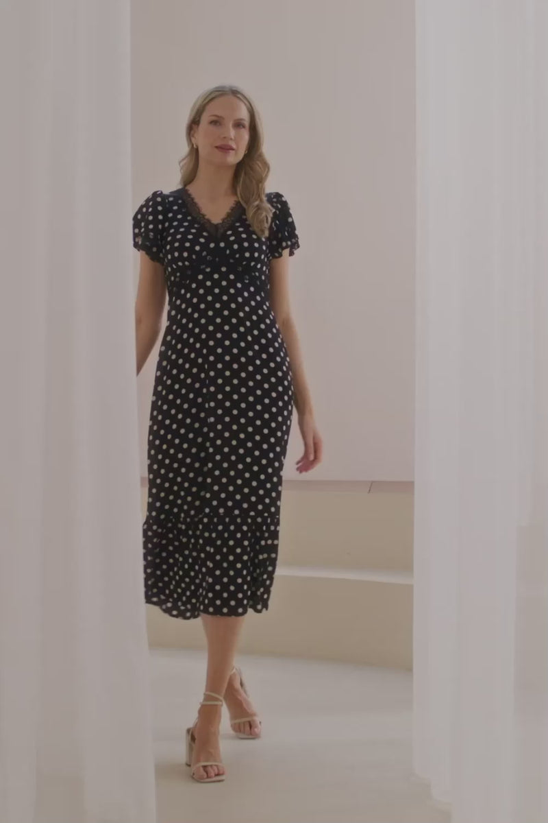 Black | Polka Dot Lace Trim Empire Midi Dress : Model is 5'10"/178 cm and wears UK10/EU38/US6/AUS10