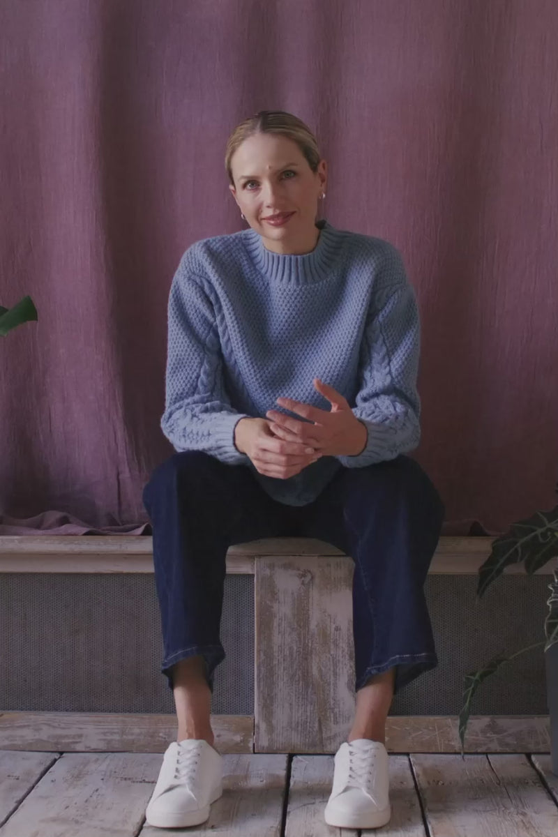 Blue | Chevron Texture Knit High Neck Jumper