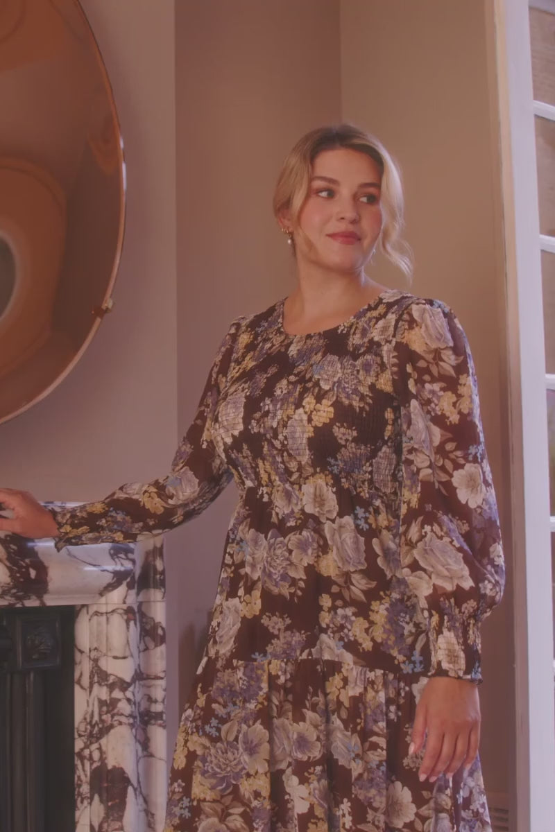 Brown | Floral Shirred Midi Dress