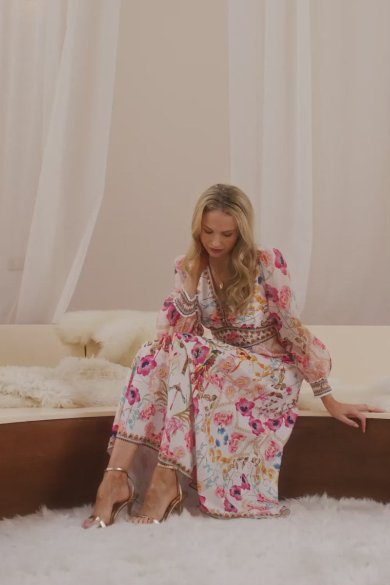 Pink | Floral Border Print V-Neck Maxi Dress