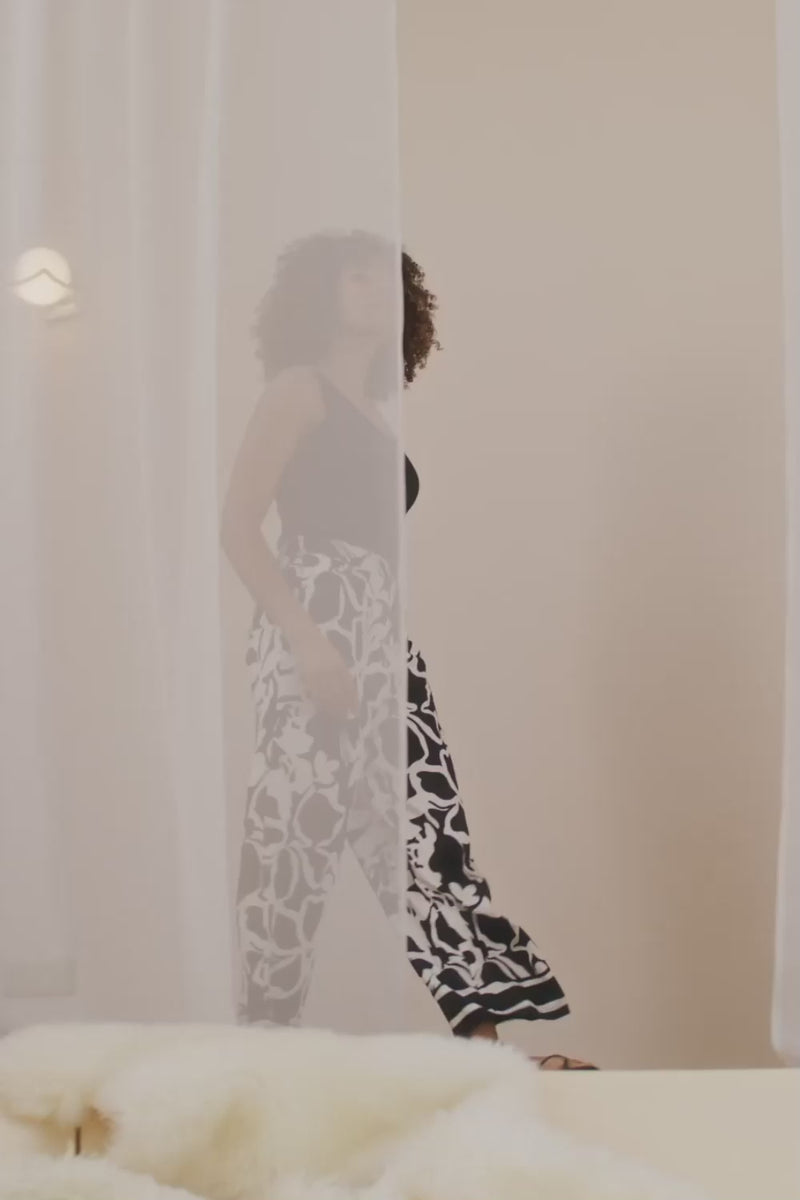 Black | Abstract Floral Wide Leg Trousers
