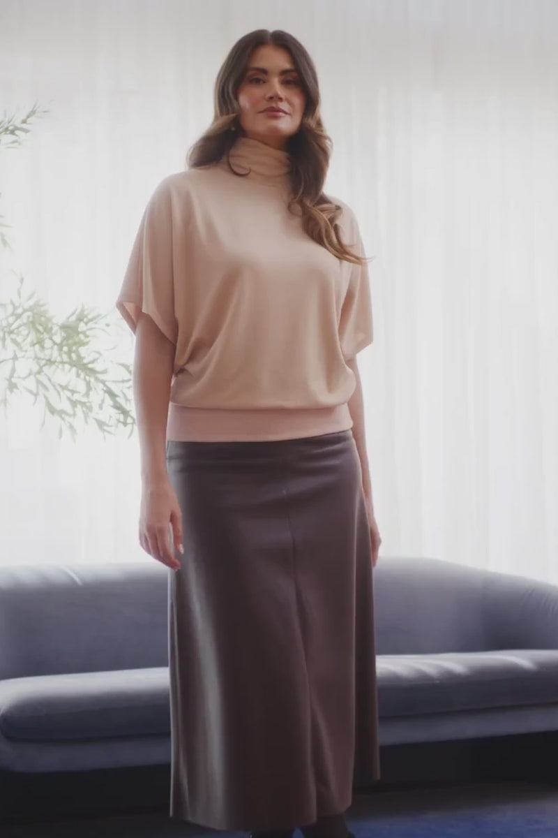 Beige | Roll Neck Button Back Relaxed Knit Top : Model is 5'9"/175 cm and wears UK10/EU38/US6/AUS10