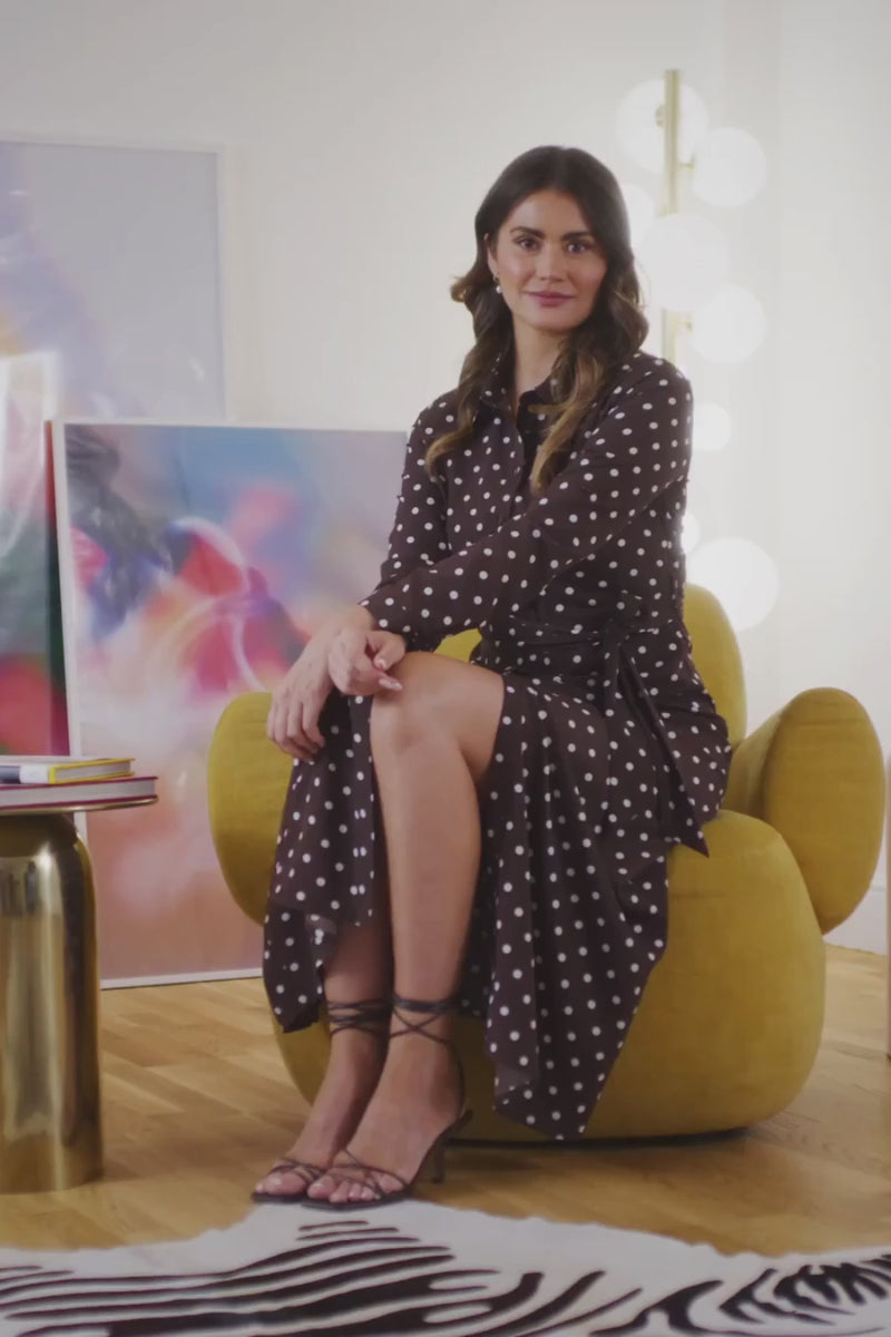 Brown | Polka Dot Tie Waist Maxi Shirt Dress : Model is 5'9"/175 cm and wears UK10/EU38/US6/AUS10