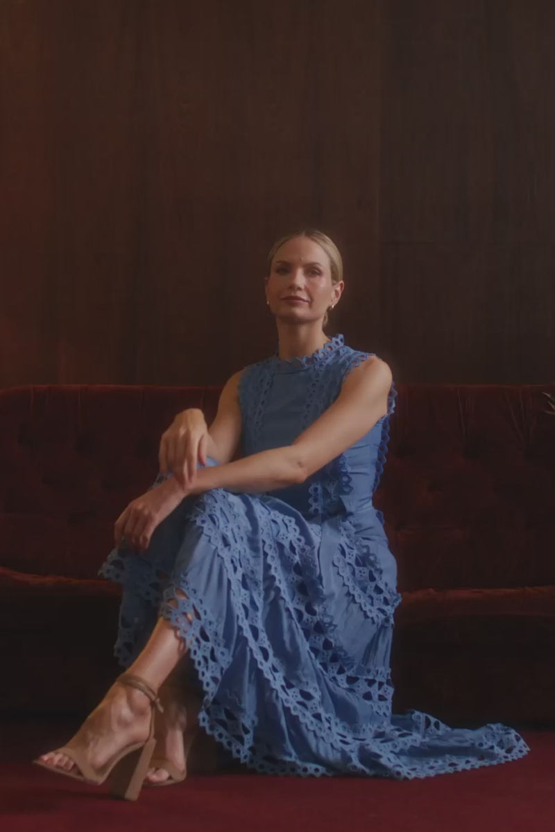 Blue | Lace Layer Sleeveless Tie Maxi Dress : Model is 5'10"/178 cm and wears UK10/EU38/US6/AUS10