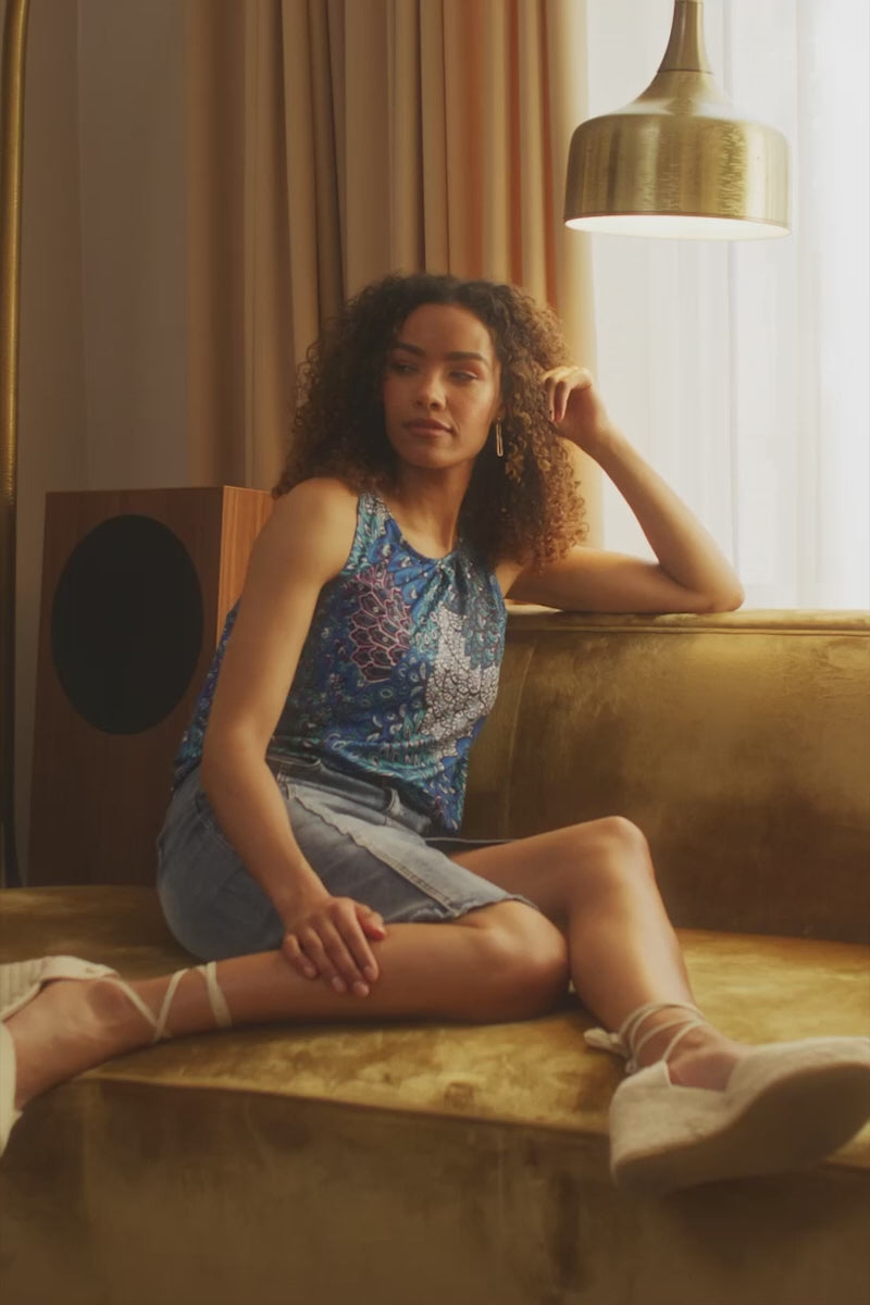 Blue | Peacock Print Jersey Vest Top