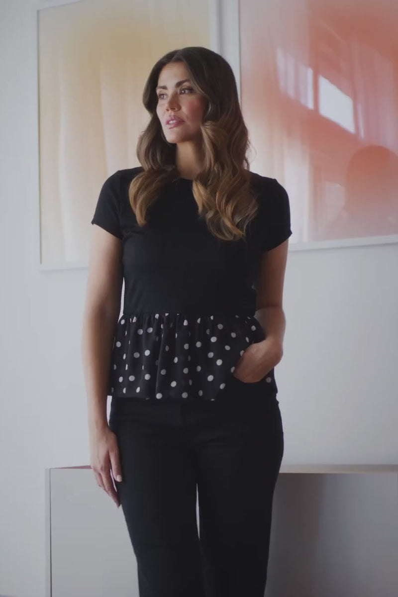 Black | Polka Dot Print Short Sleeve Peplum Top : Model is 5'9"/175 cm and wears UK10/EU38/US6/AUS10