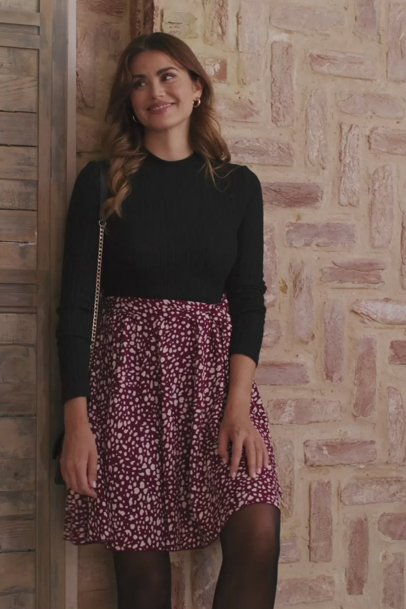 Burgundy | Printed Tie Waist Short Skater Dress