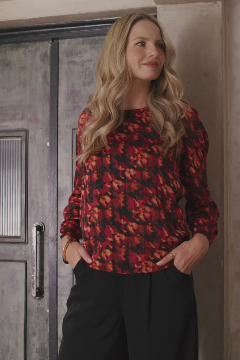 Orange | Printed Semi Sheer Long Sleeve Blouse