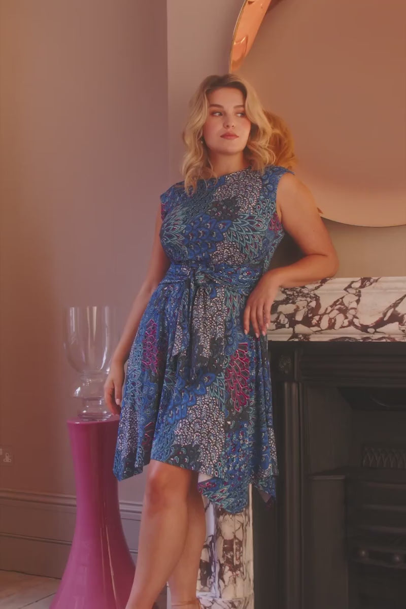 Blue | Peacock Print Tie Front Dress