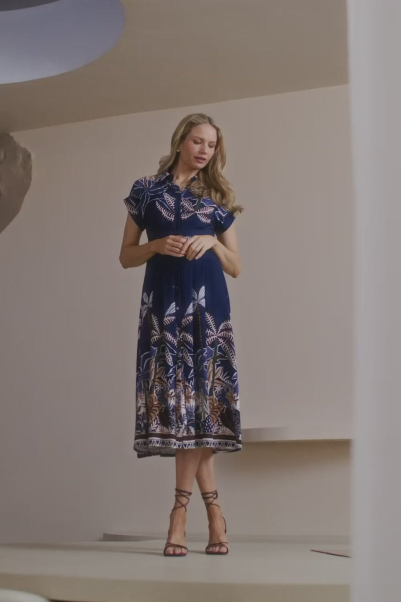 Navy | Tropical Print Belted Midi Shirt Dress : Model is 5'10"/178 cm and wears UK10/EU38/US6/AUS10