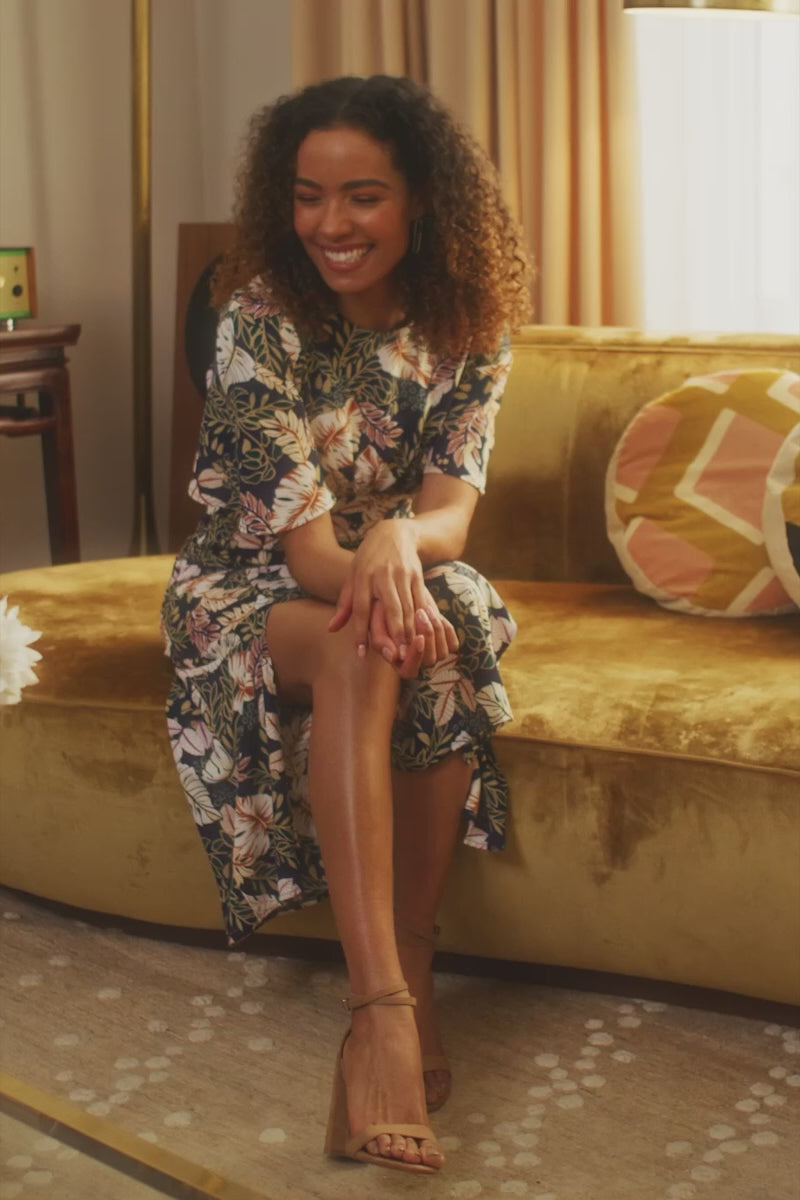 Navy | Tropical Leaf Print Midi Dress