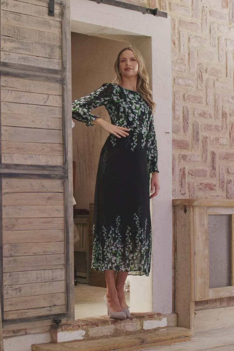 Black | Floral Long Sleeve Chiffon Maxi Dress