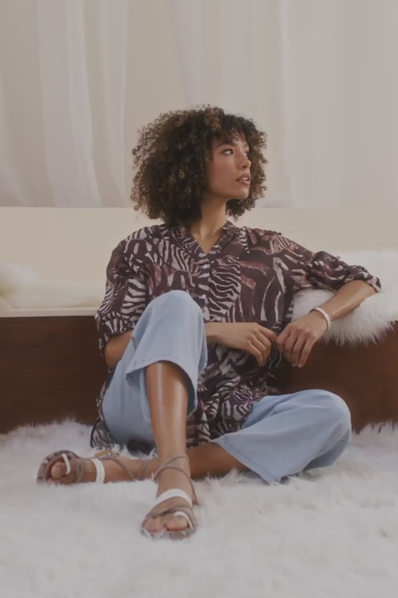 Brown | Animal Print Semi Sheer Longline Shirt : Model is 5'8"/172 cm and wears UK8/EU36/US4/AUS8