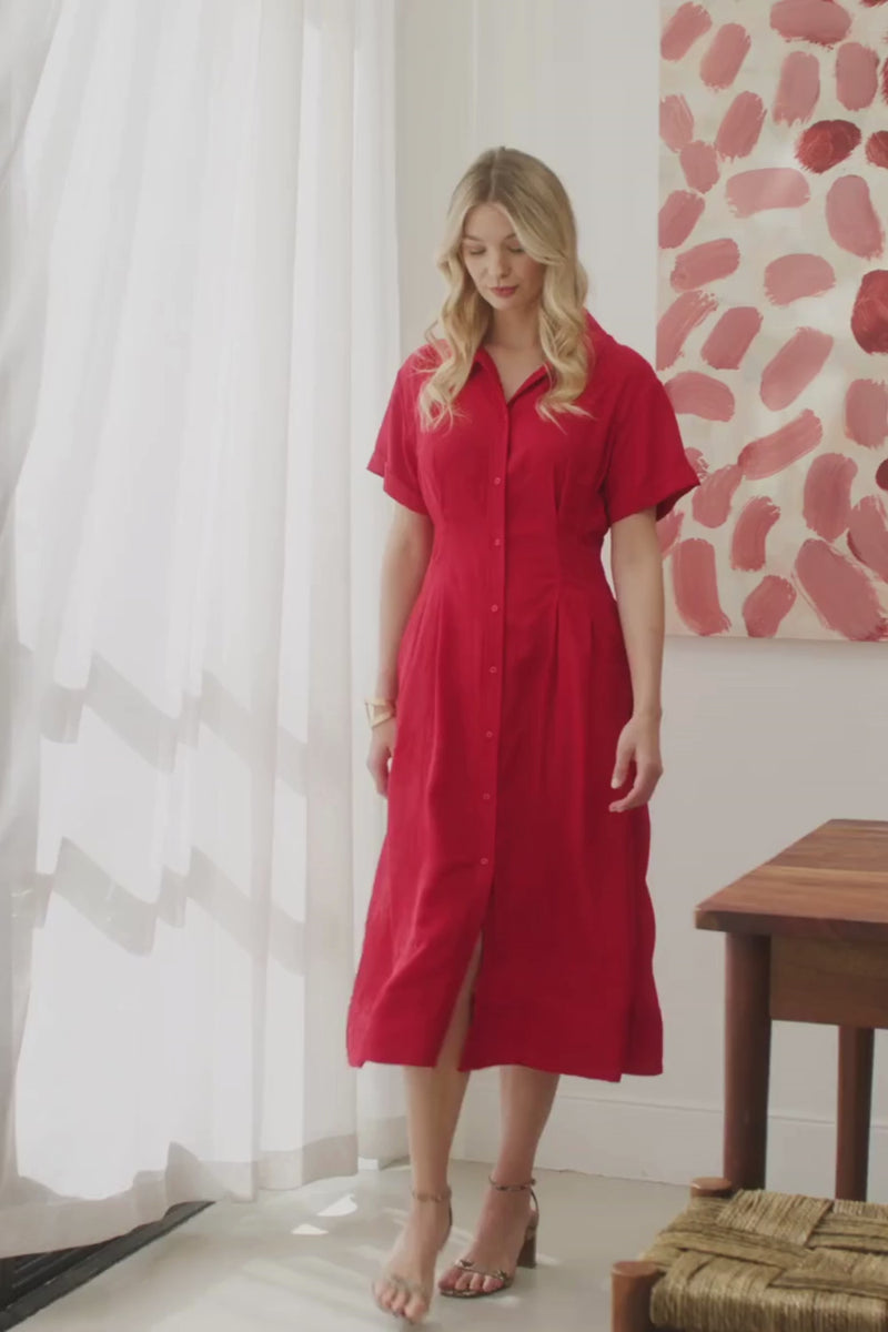 Red | Short Sleeve Flared Midi Shirt Dress : Model is 5'9"/175 cm and wears UK8/EU36/US4/AUS8