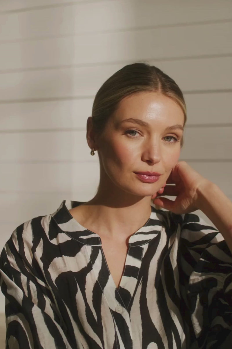 Black | Zebra Print 3/4 Sleeve Collarless Shirt : Model is 5'9"/175 cm and wears UK8/EU36/US4/AUS8