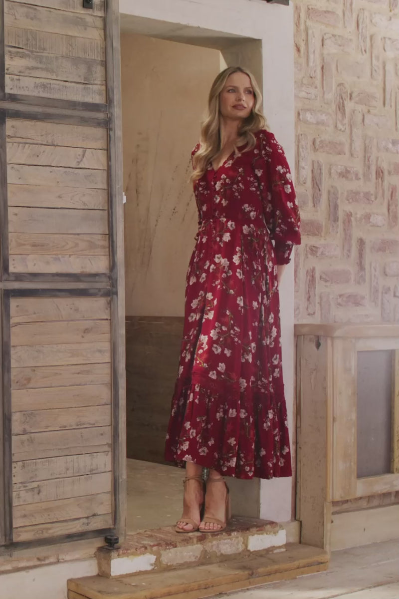 Red | Floral Long Sleeve Lace Trim Maxi Dress