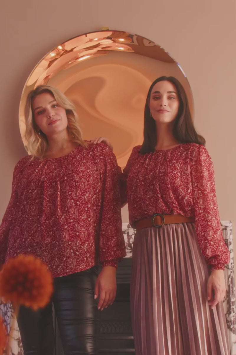 Red | Printed Shirred Cuff Blouse Top