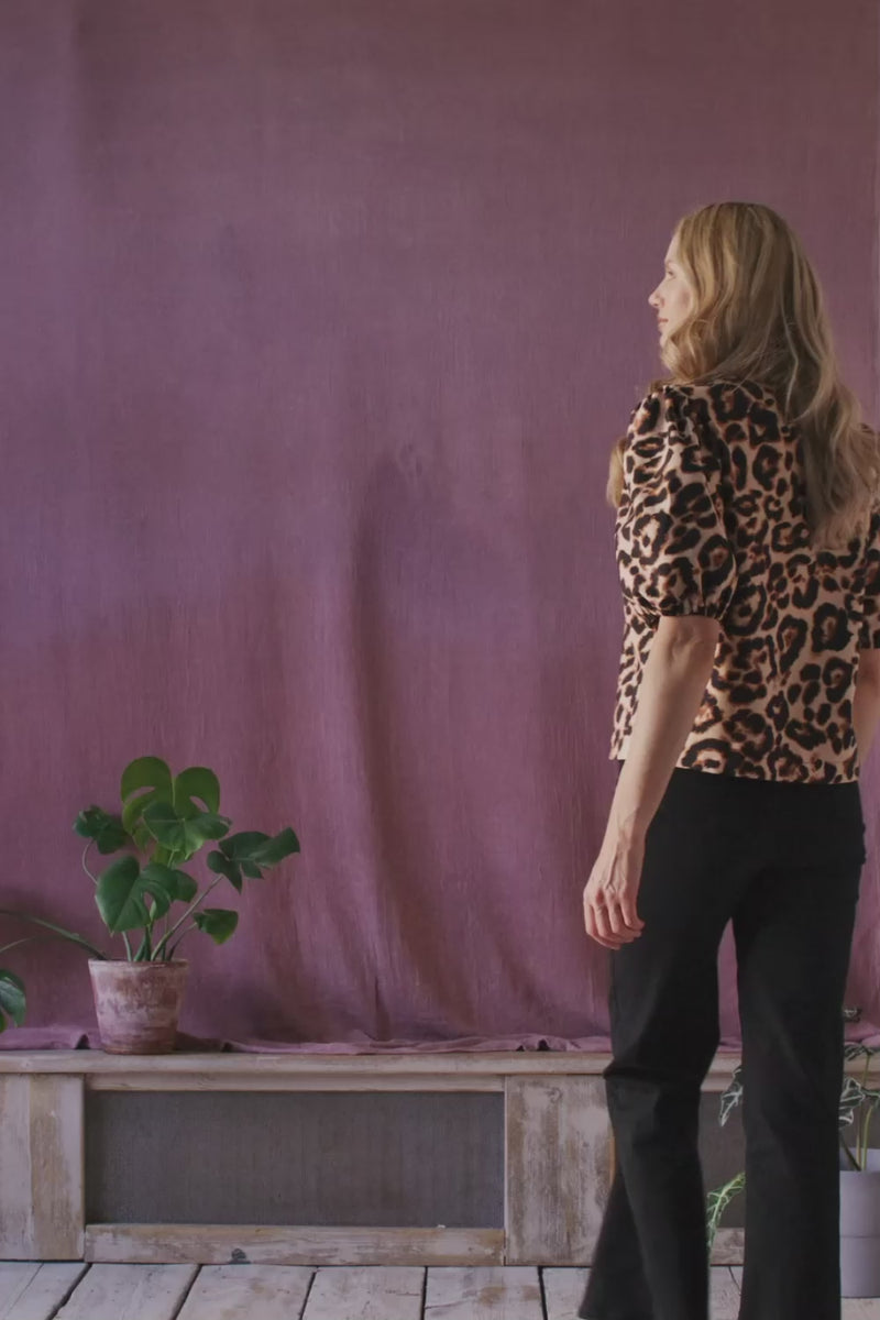 Beige | Animal Print Bow Front Puff Sleeve Shirt