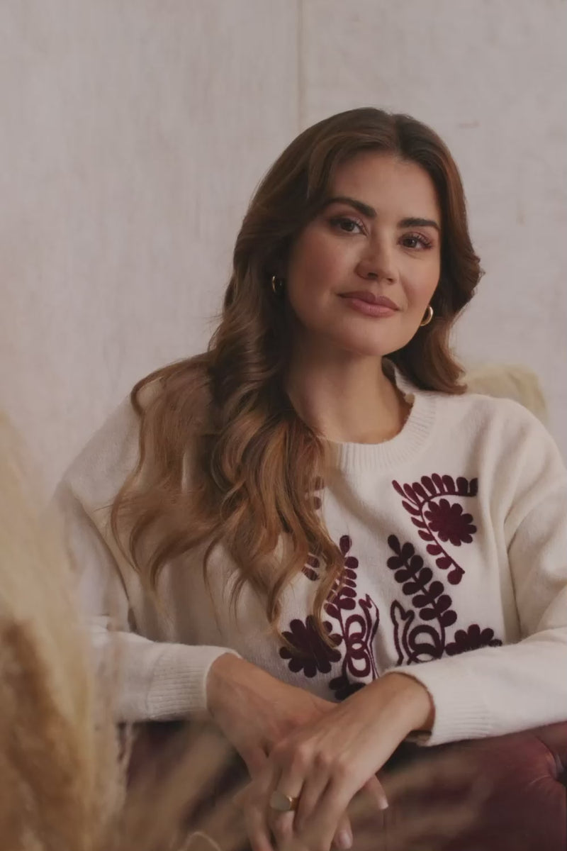 Cream | Embroidered Print Drop Shoulder Jumper