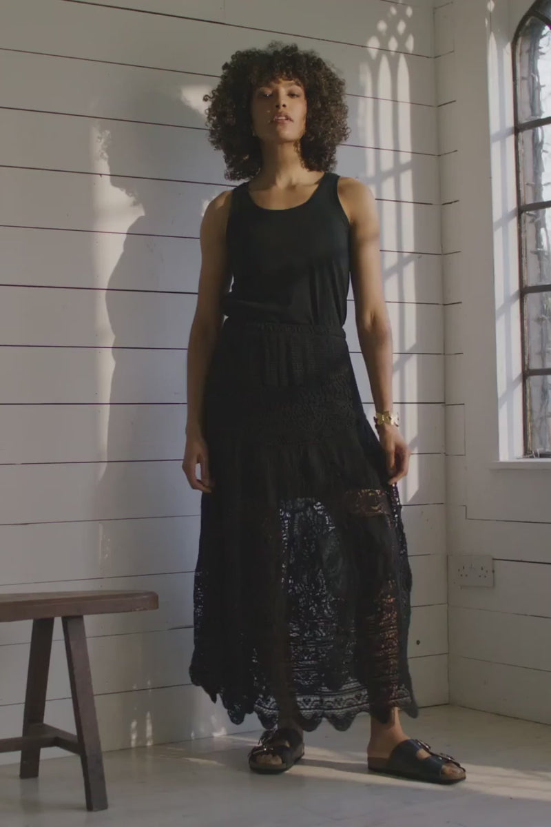 Black | Floral Crochet Mesh Layered Maxi Skirt : Model is 5'8"/172 cm and wears UK8/EU36/US4/AUS8