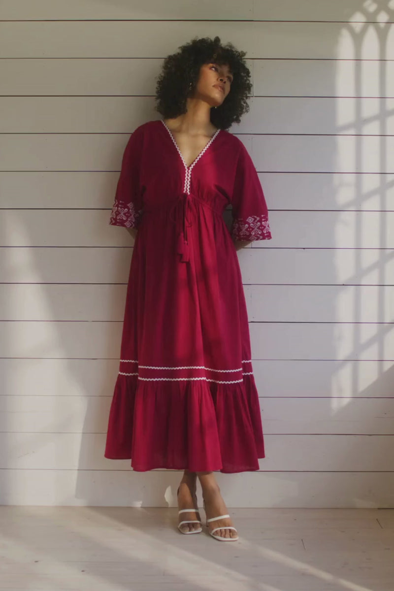 Pink | Embroidered Trim Empire Maxi Dress: Model is 5'8"/172 cm and wears UK8/EU36/US4/AUS8